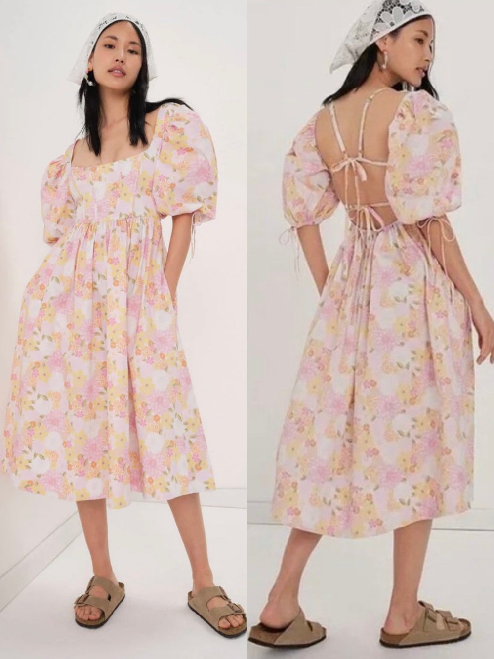 For Love & Lemons Carrie Midi Dress XS Puff Sleeve Pastel Floral Cottagecore